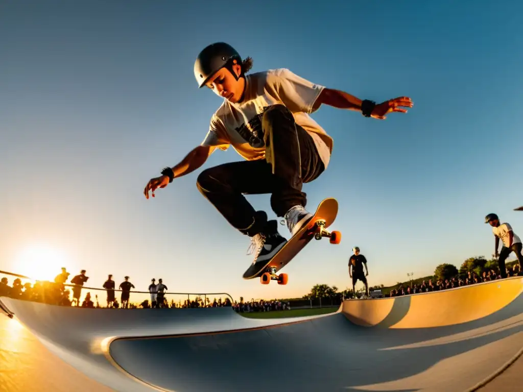 Skaters realizan trucos en skatepark al atardecer, con luz cálida
