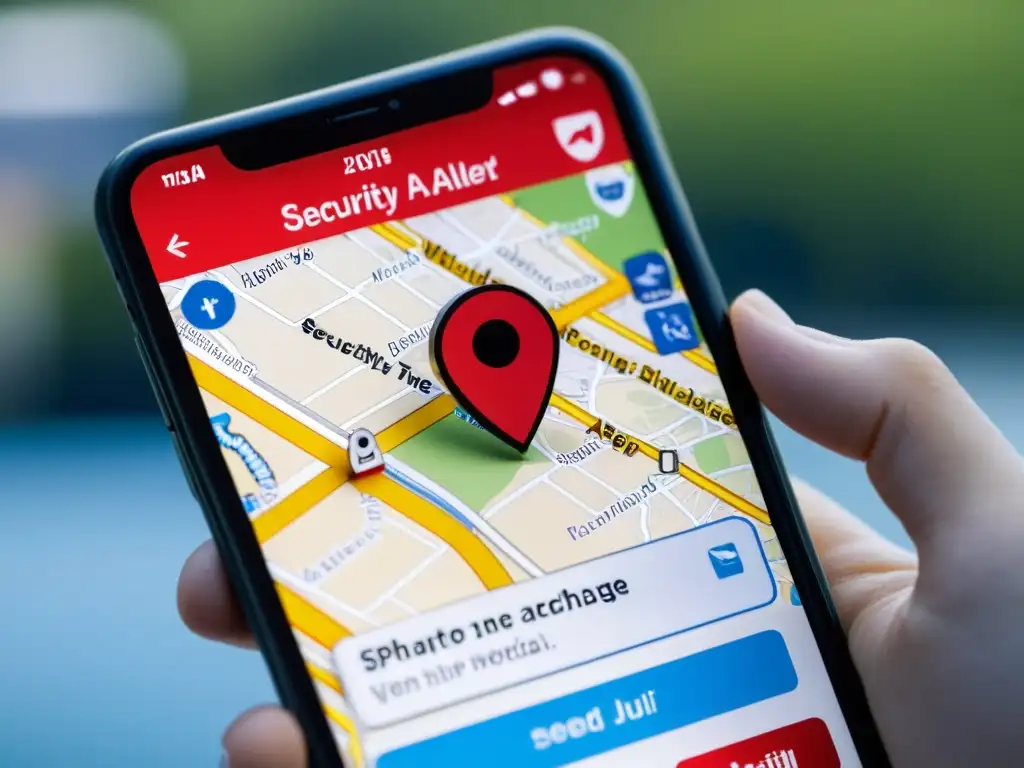 Smartphone muestra alerta de seguridad en app de navegación, generando preocupación por la privacidad del usuario