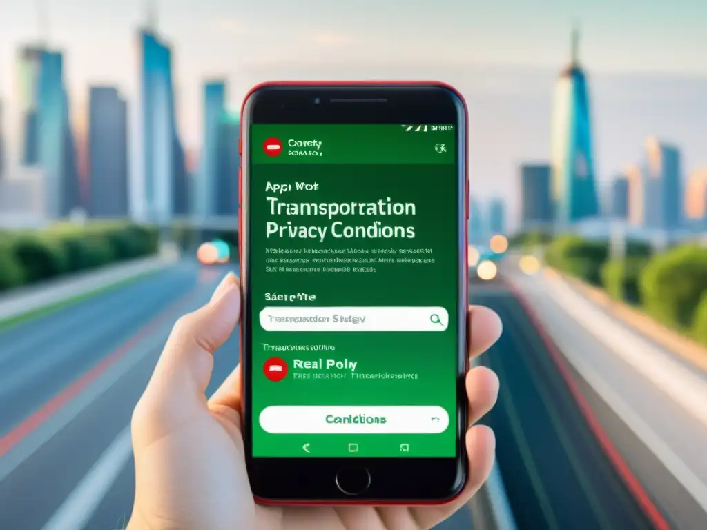 Smartphone mostrando las políticas de privacidad de una app de transporte, con una ciudad de fondo