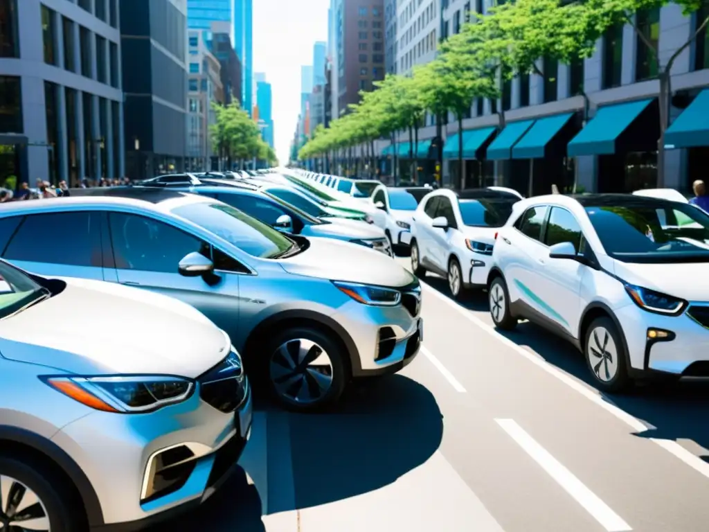 Software innovador para Car Sharing: Coches modernos y peatones en bulliciosa calle urbana con rascacielos al fondo