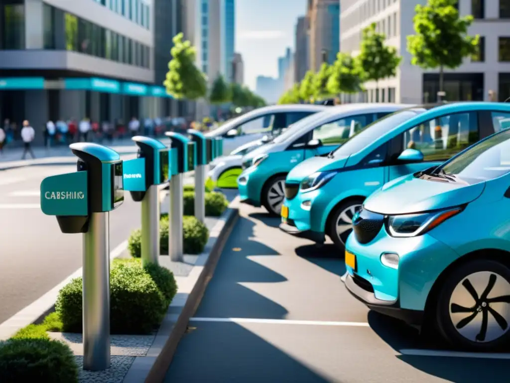 Software innovador para Car Sharing: Vehículos eléctricos modernos estacionados en la bulliciosa calle de la ciudad, conectados a una app