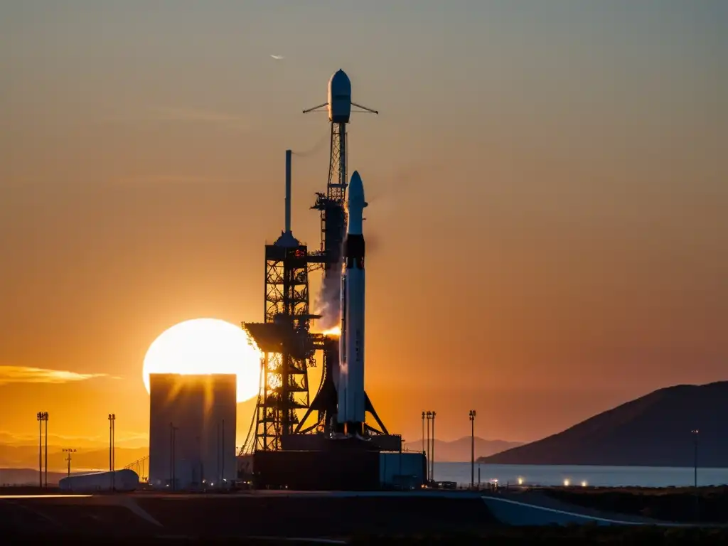 El sol ilumina el lanzamiento del cohete Falcon 9 de SpaceX, listo en la plataforma