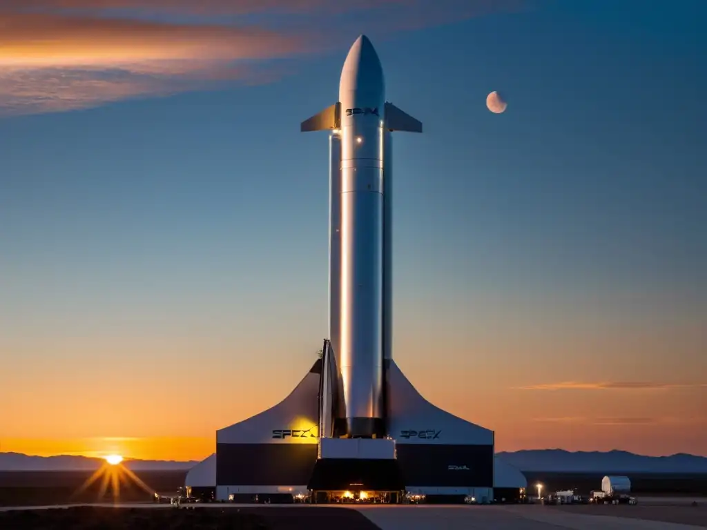 El sol se pone sobre el prototipo de la nave espacial SpaceX Starship en el lanzador, creando un ambiente cálido y futurista