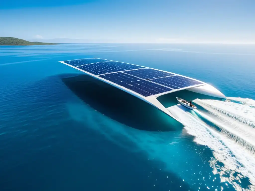 Un catamarán solar futurista surca las aguas azules, capturando la esencia del transporte marítimo sostenible futuro