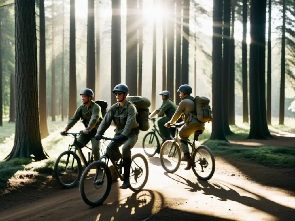 Soldados en bicicleta atraviesan el bosque, con la luz filtrándose entre los árboles