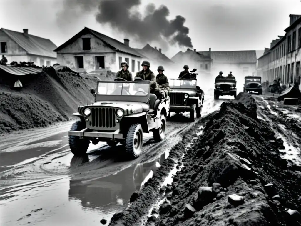 Soldados en Jeep Willys atraviesan un campo de batalla en la Segunda Guerra Mundial, mostrando la importancia del Jeep Willys en la Segunda Guerra Mundial