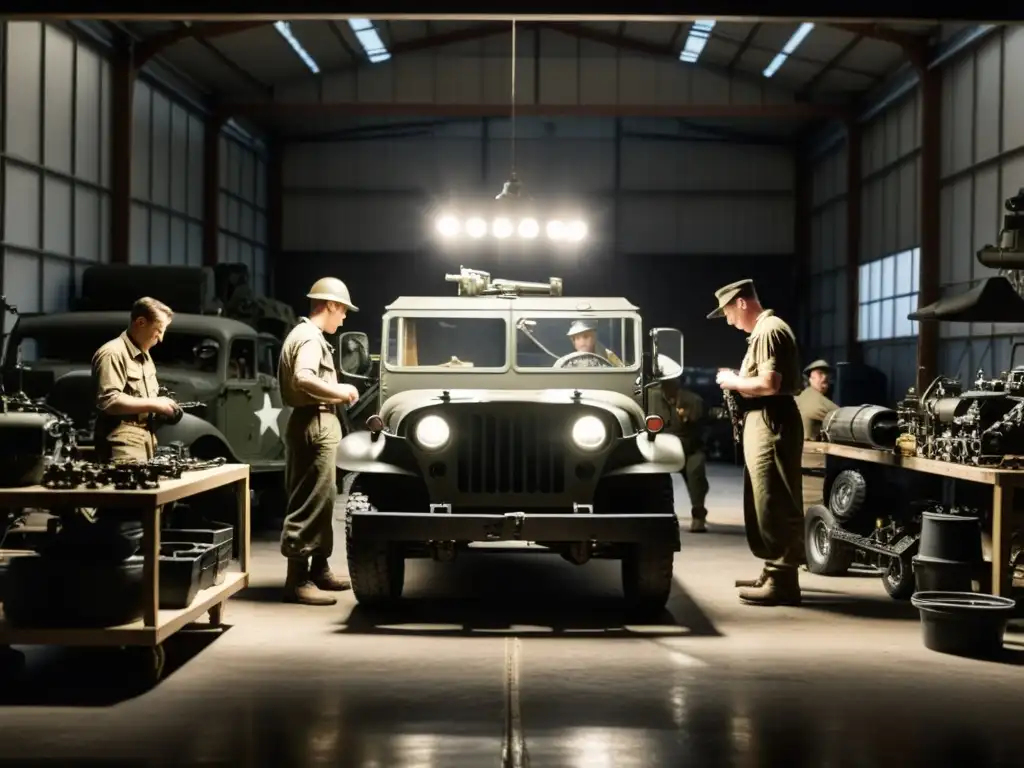 Soldados trabajando en un vehículo militar durante la guerra, en un taller oscuro