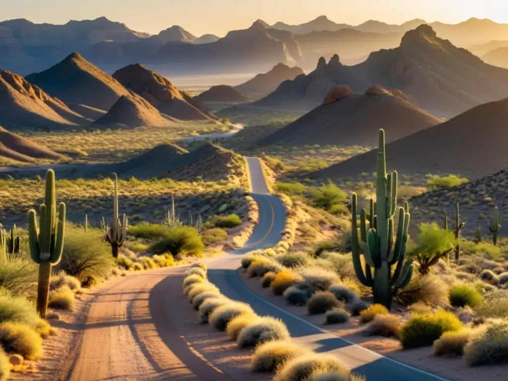 Un solitario camino serpentea por un paisaje desértico al atardecer, iluminando la árida tierra con un cálido resplandor dorado