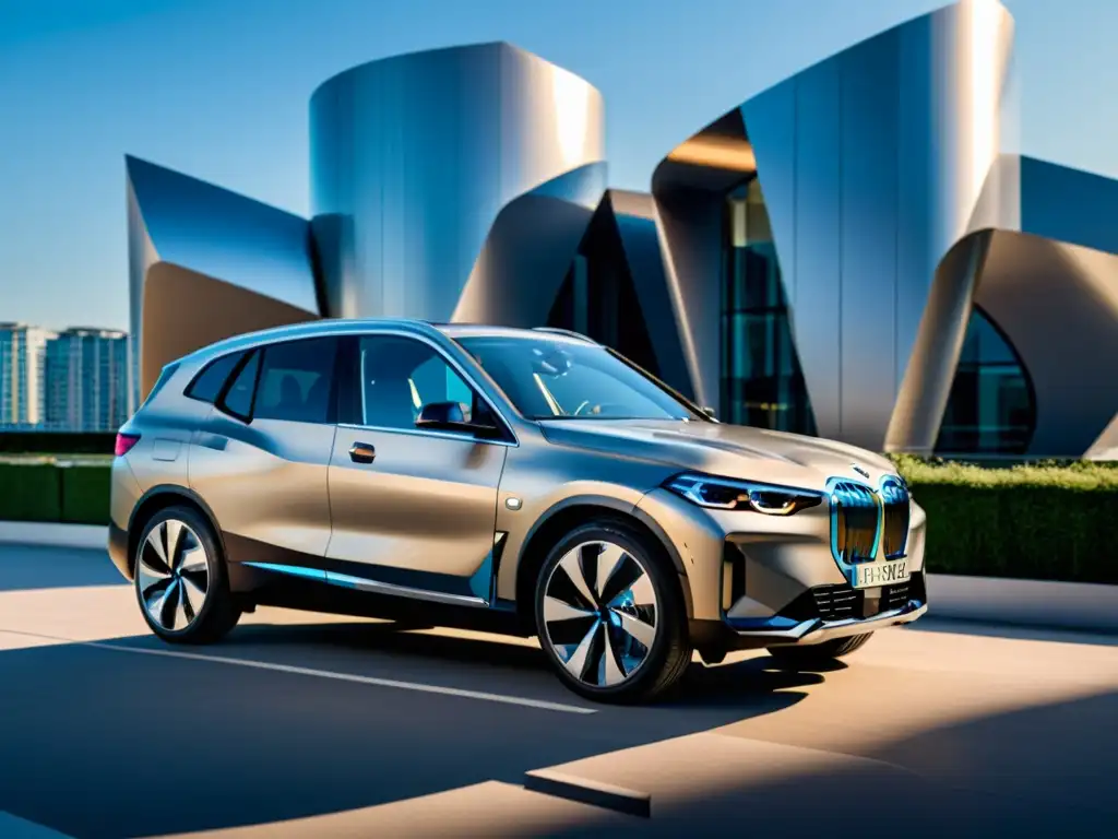 El SUV eléctrico sostenible BMW iX en un entorno urbano moderno, destacando su diseño innovador y eco-amigable