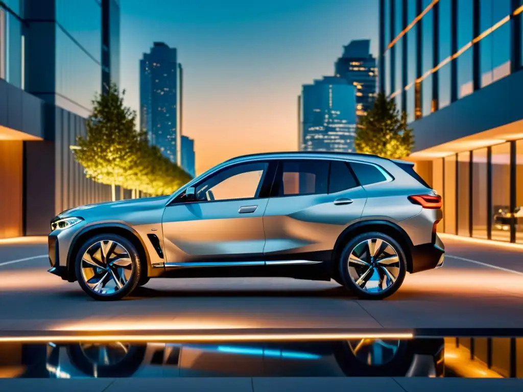 BMW iX SUV eléctrico sostenible estacionado en entorno urbano futurista, reflejando innovación y elegancia moderna