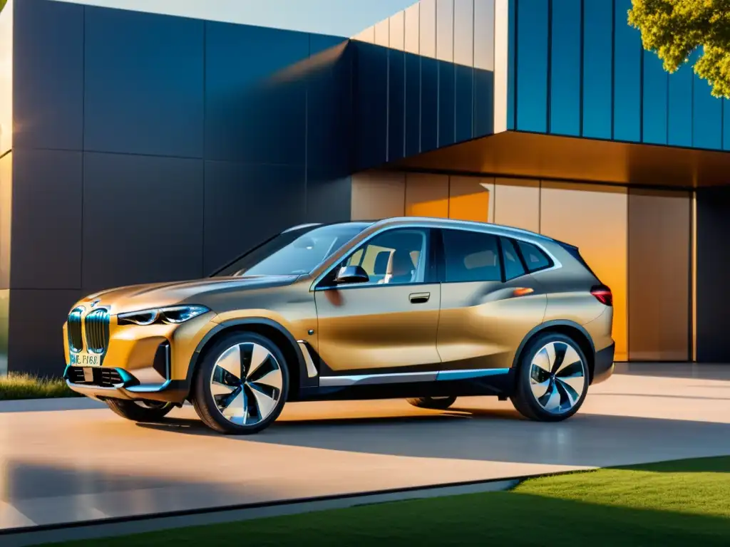 BMW iX SUV eléctrico sostenible estacionado frente a un edificio moderno con paneles solares, en una escena bañada por la cálida luz del atardecer