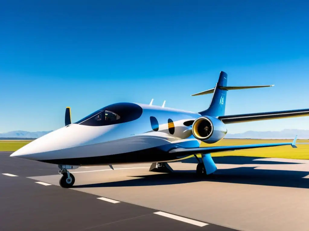 Avión eléctrico sostenible del futuro en pista, con paneles solares relucientes y un cielo azul claro