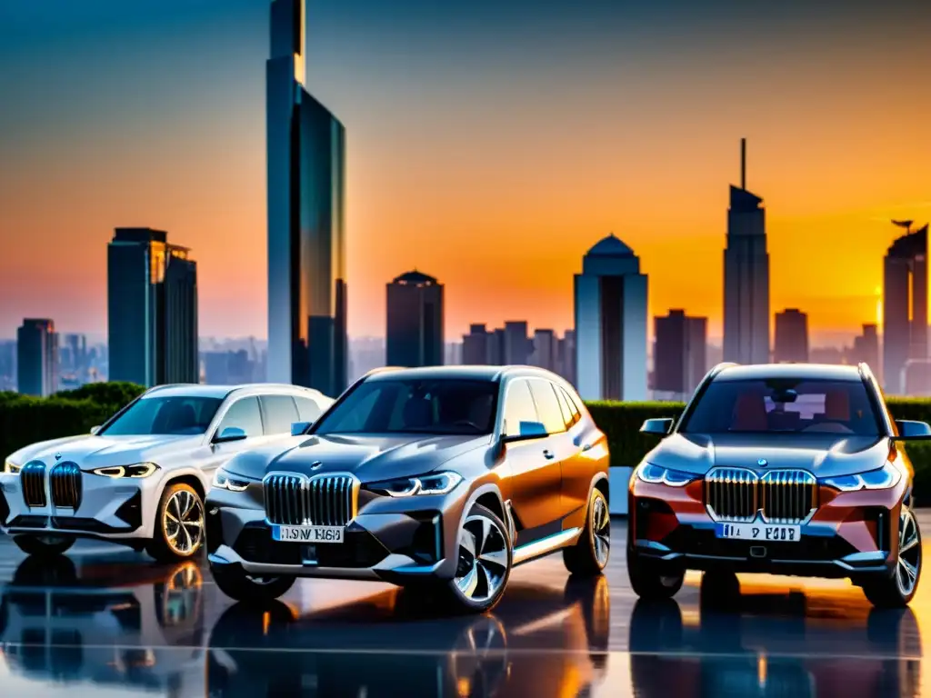 El BMW iX SUV eléctrico sostenible junto a otros SUVs de lujo, en una escena urbana futurista con atardecer, reflejando sofisticación