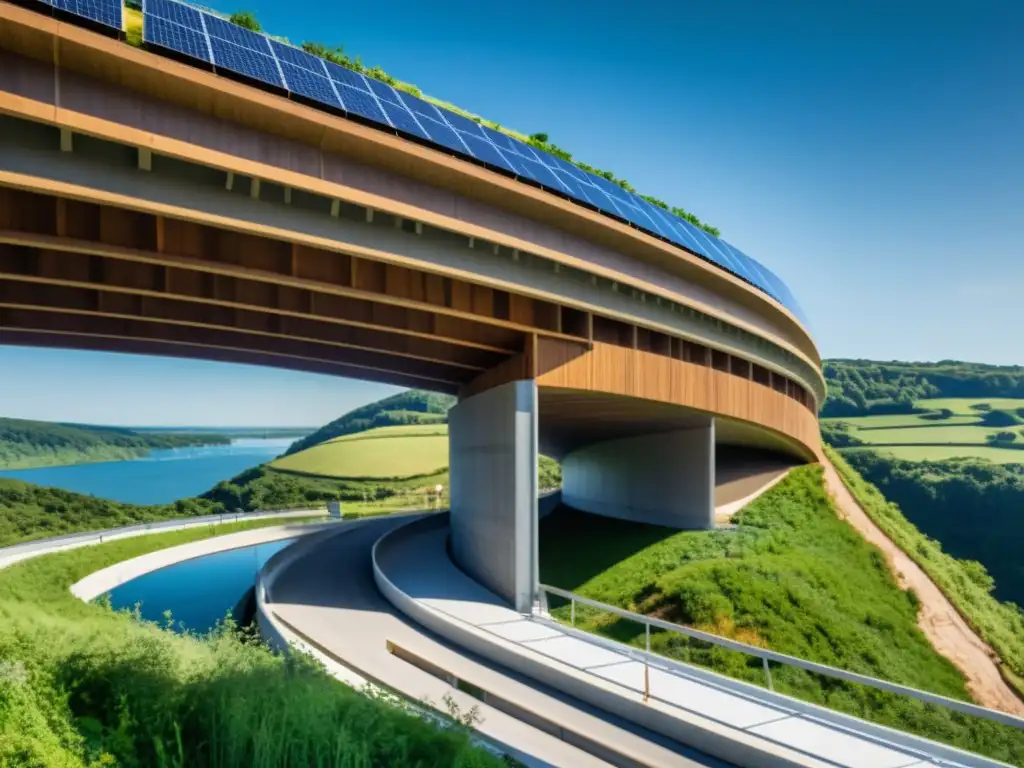 Construcción sostenible de puente o túnel, destacando avances en materiales y diseño ecoamigable