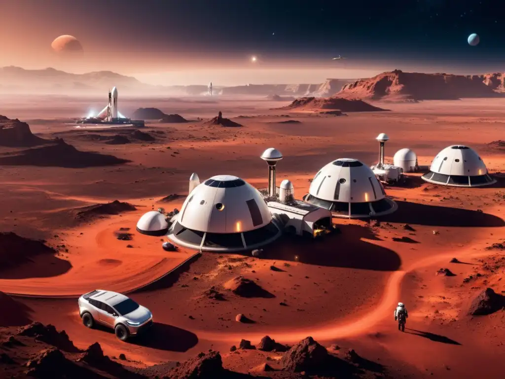 Colonización de Marte por SpaceX: Colonia bulliciosa con domos futuristas, vehículos y astronautas en paisaje marciano