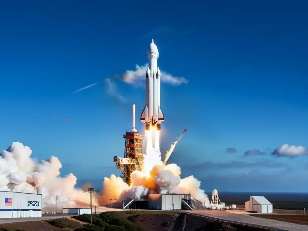 El SpaceX Falcon Heavy despega con potencia, mostrando la evolución de los medios de transporte mediante innovaciones tecnológicas