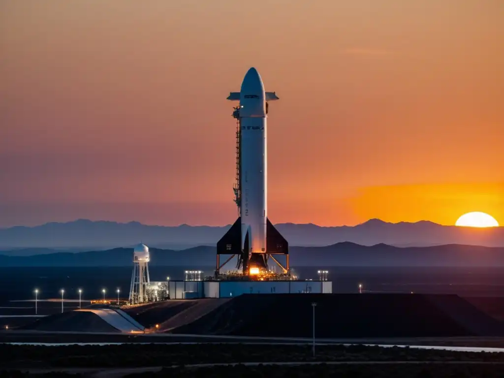 El SpaceX Starship en el pad de lanzamiento al atardecer, reflejando innovaciones en la historia de la exploración espacial