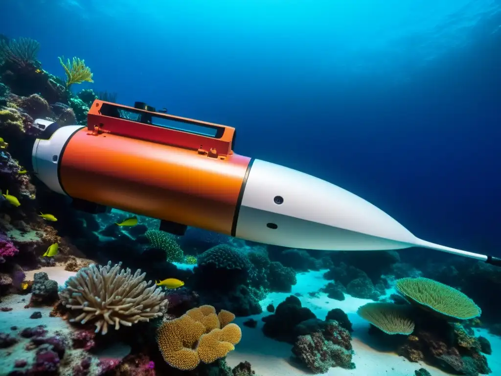 Exploración submarina autónoma normativas globales: AUV de vanguardia navega entre corales en un paisaje submarino cautivador y lleno de vida