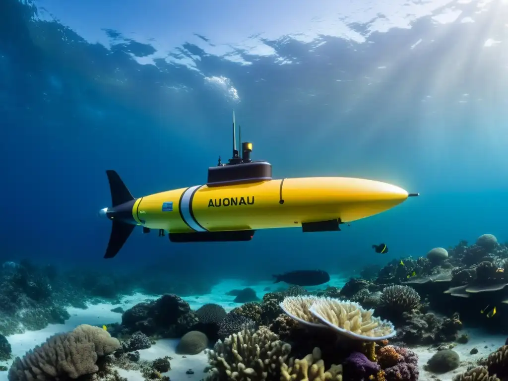 Exploración submarina autónoma con normativas globales: AUV avanzado surcando aguas cristalinas, rodeado de vida marina colorida y coral fascinante