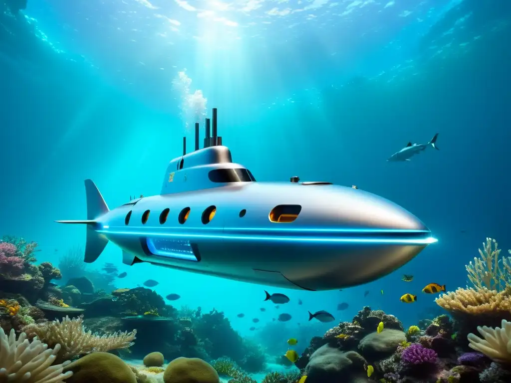 Un submarino futurista surca aguas bioluminiscentes, rodeado de flora y fauna marina, evocando la aventura de los vehículos submarinos en la novela