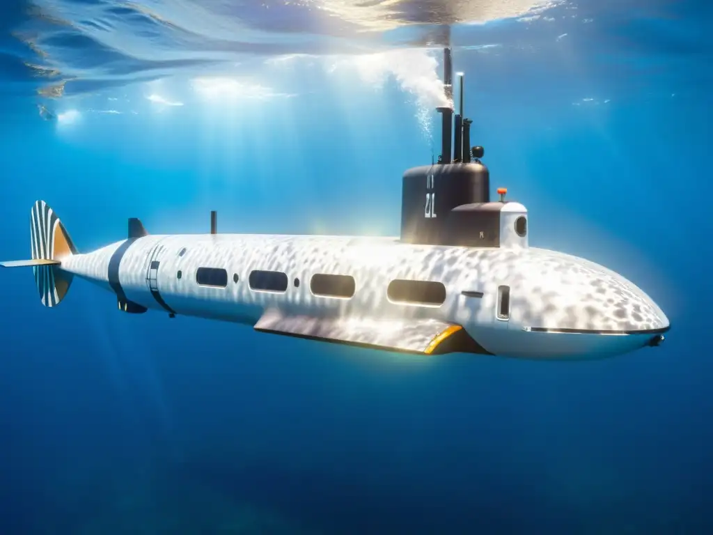 Un submarino futurista surcando aguas cristalinas, iluminado por el sol