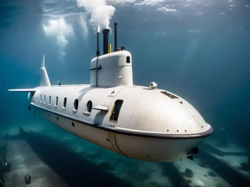 Un submarino de la Guerra Fría emerge en un entorno submarino oscuro y misterioso, destacando la evolución del diseño de submarinos en la Guerra Fría