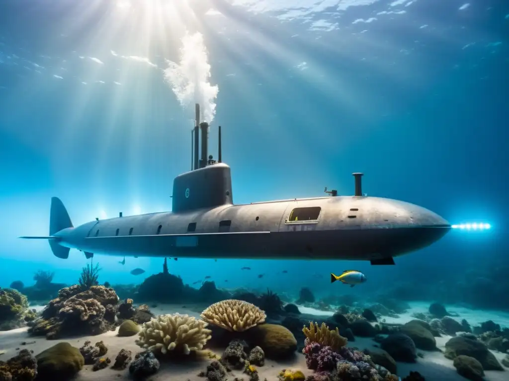 Submarino nuclear moderno explorando las profundidades del océano, en contraste con la vida marina