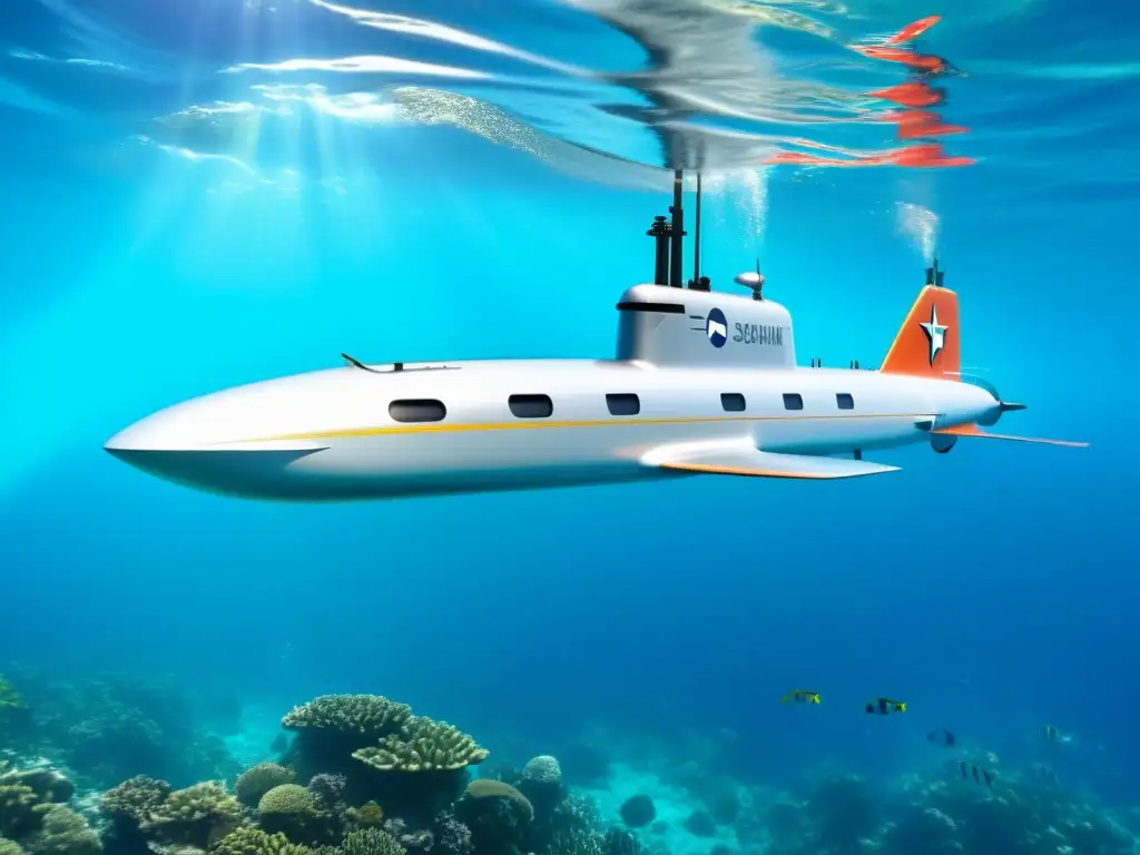 Un submarino privado innovador surcando aguas turquesas, rodeado de vida marina y coral vibrante, exudando lujo y aventura