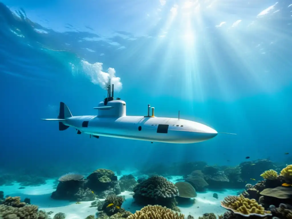 Un submarino privado innovador se desliza elegante bajo aguas cristalinas, resaltando la tecnología avanzada y el equilibrio con el ecosistema marino