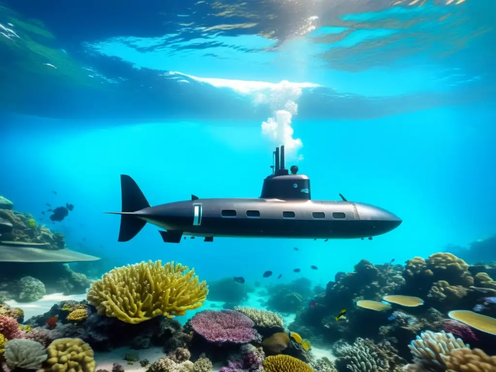 Un submarino privado innovador se desliza elegante bajo aguas cristalinas, rodeado de un vibrante arrecife de coral repleto de vida marina colorida