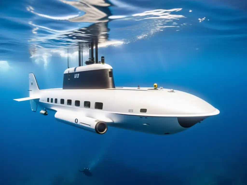 Un submarino privado innovador navega con gracia en aguas cristalinas y profundas, mostrando su diseño elegante y moderno, con vida marina alrededor