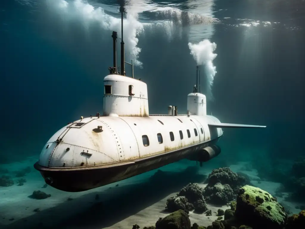 Submarino vintage descendiendo lentamente en aguas profundas, evocando la historia y evolución de los medios de transporte submarinos