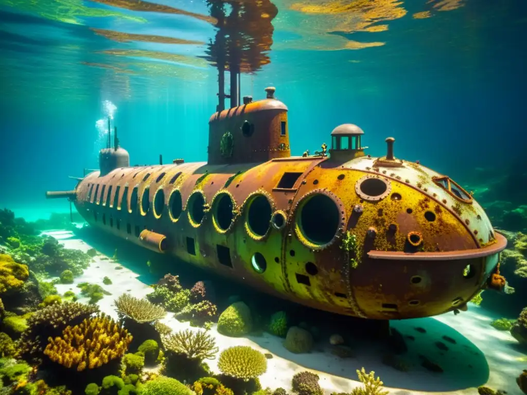 Un submarino vintage cubierto de óxido, rodeado de vida marina bajo el agua