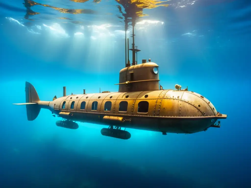 Un submarino vintage navega en las profundidades del océano, mostrando el desarrollo tecnológico de submarinos desde el siglo XIX