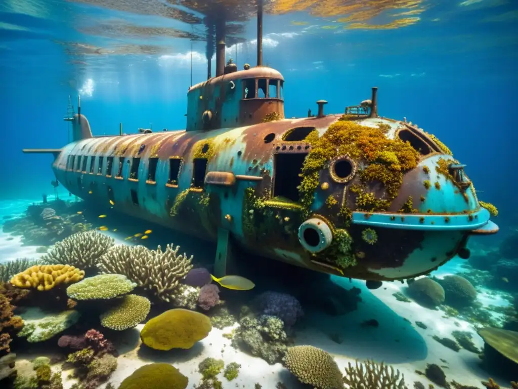 Un submarino vintage rodeado de peces coloridos en el océano profundo