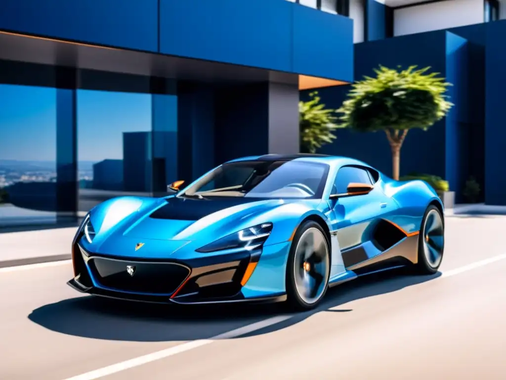 El superdeportivo eléctrico Rimac Nevera, con diseño futurista, se destaca en la ciudad moderna, con sus puertas abiertas y luces azules