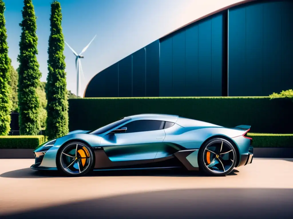 Un superdeportivo eléctrico Rimac Nevera en un entorno urbano futurista y ecológico, rodeado de vegetación exuberante y arquitectura sostenible