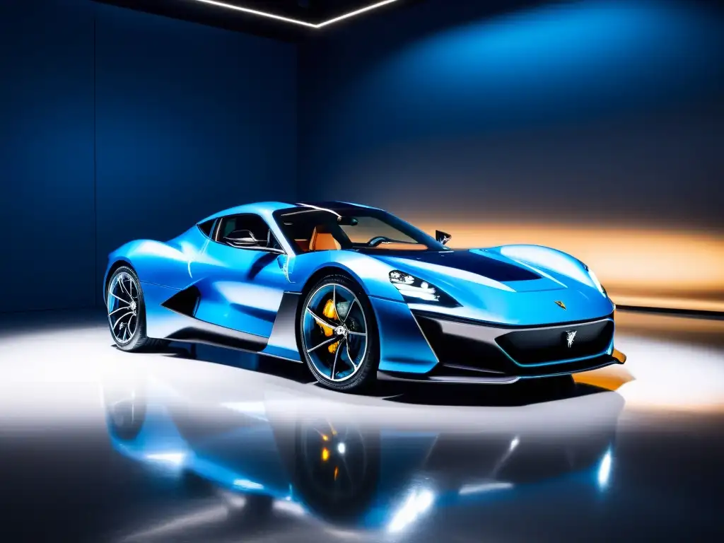 Un superdeportivo eléctrico Rimac Nevera en un showroom futurista, con luces dramáticas y un diseño aerodinámico que refleja innovación y exclusividad