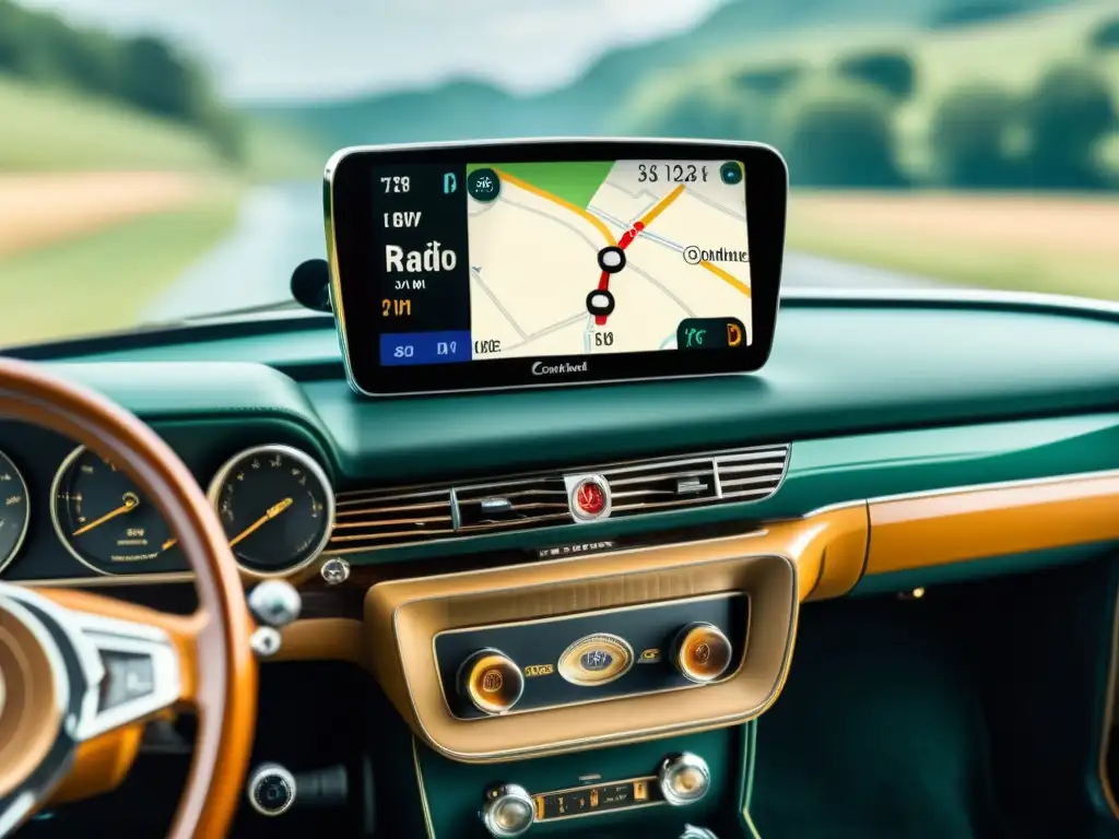 Tablero de coche vintage con radio retro y smartphone sincronizado, simbolizando la evolución de la conectividad