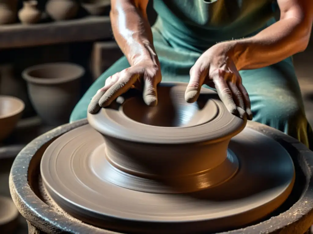 Un taller de alfarería antiguo iluminado, donde expertas manos moldean la arcilla húmeda en una rueda de alfarero, resaltando la influencia de la rueda de alfarero en la historia de la artesanía