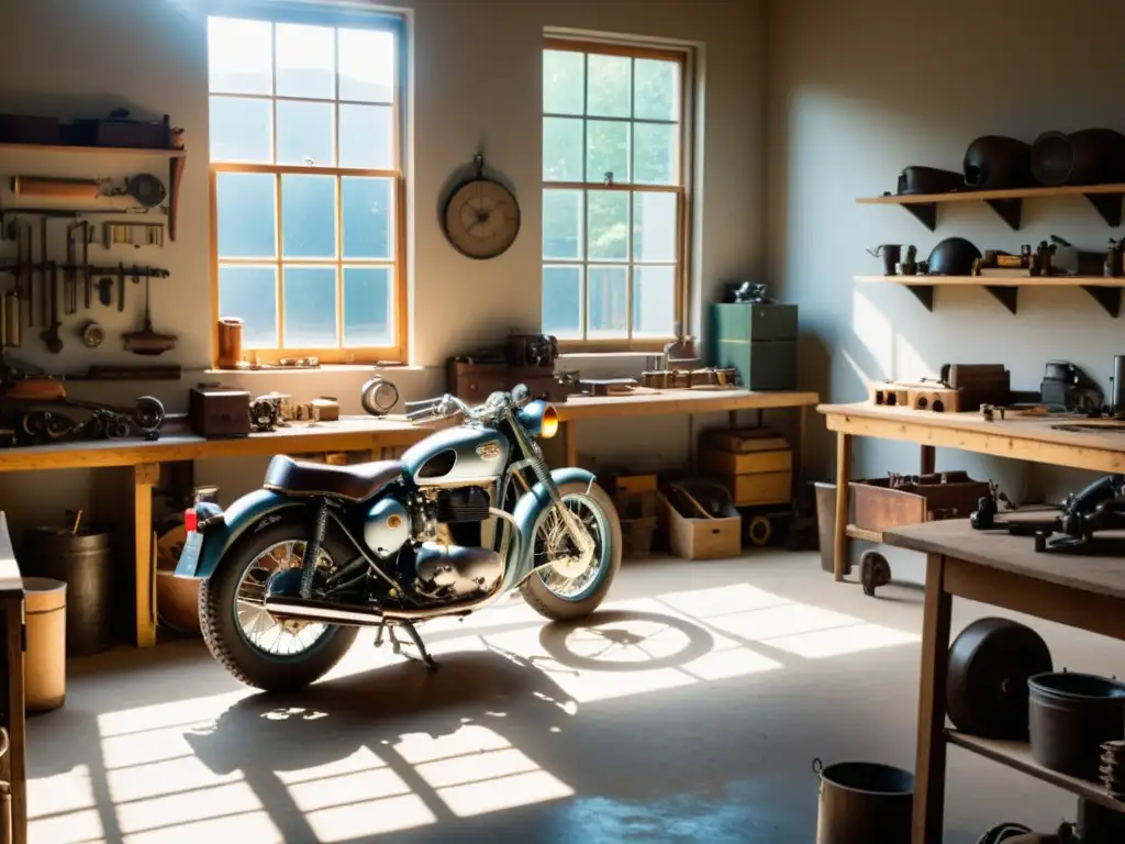 Un taller de motocicletas clásicas con herramientas vintage y un artesano ensamblándolas