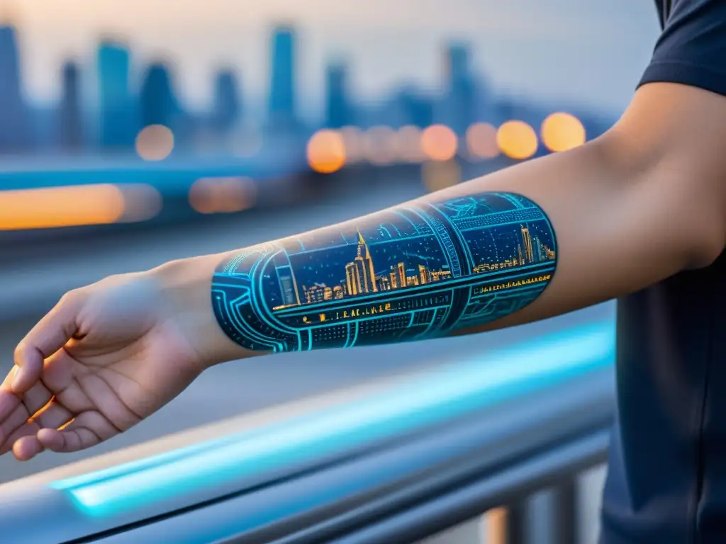 Un tatuaje electrónico futurista en el antebrazo de un viajero, muestra actualizaciones de transporte personalizadas