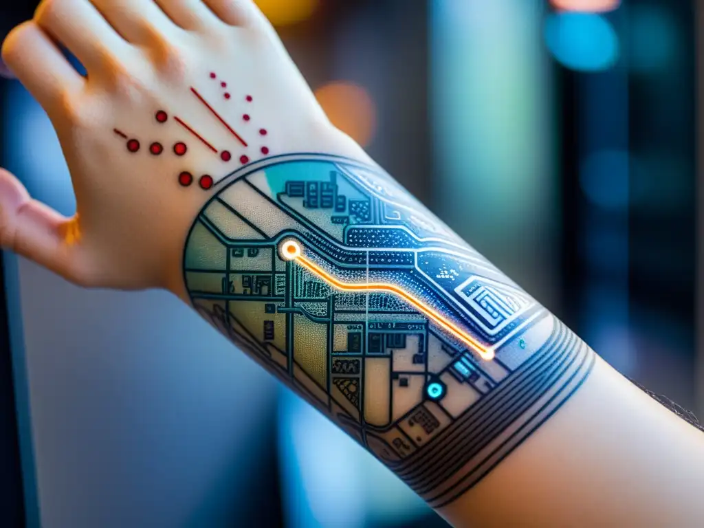 Un tatuaje electrónico se fusiona perfectamente con la piel, mostrando un mapa futurista y datos de viaje personalizados