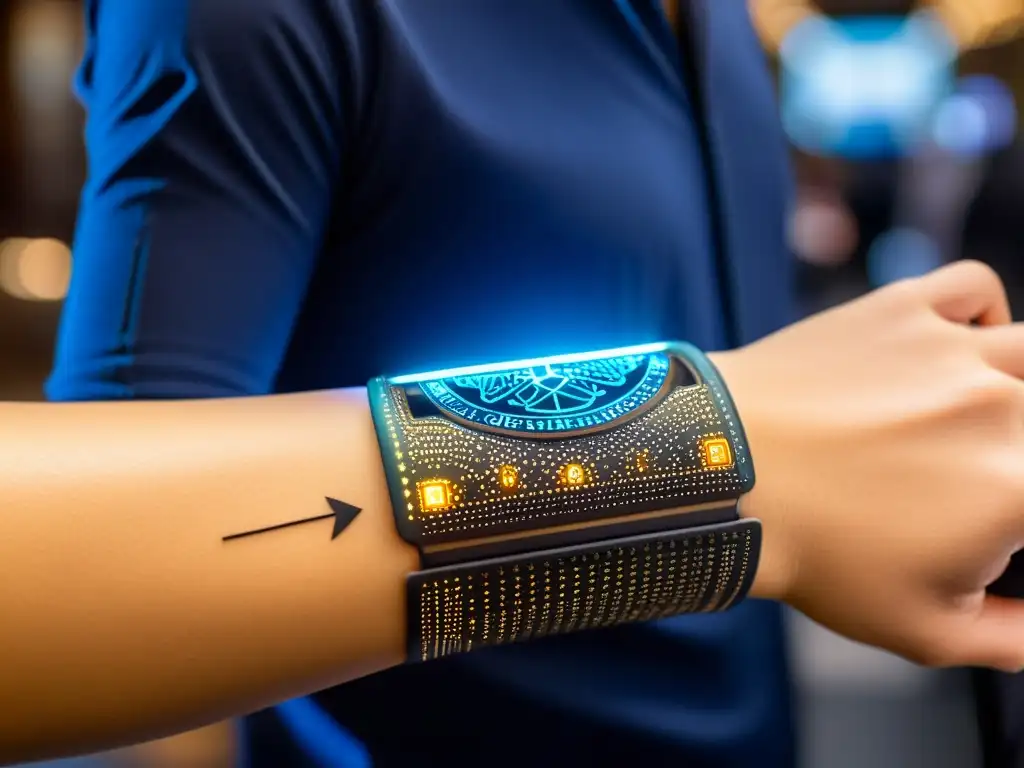 Un tatuaje electrónico de viaje personalizado muestra circuitos y luces LED mientras el viajero sostiene pasaporte y smartphone