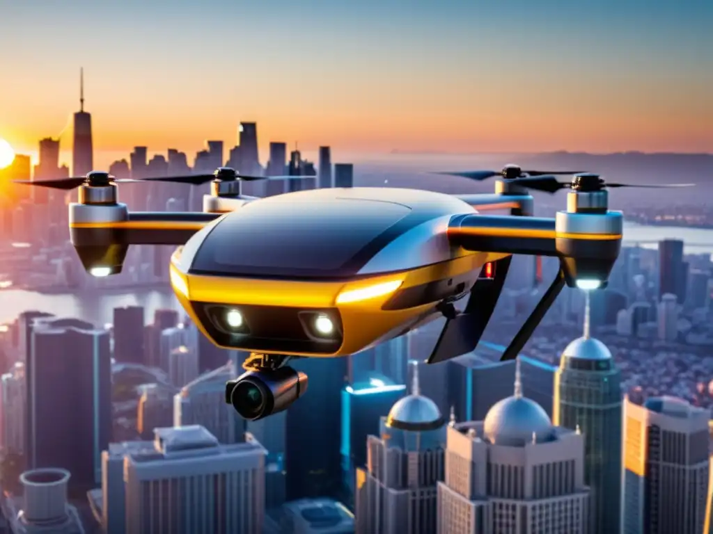 Un taxi drone futurista sobrevuela una ciudad bulliciosa al atardecer, mostrando innovación en taxis aéreos y evolución en transporte urbano