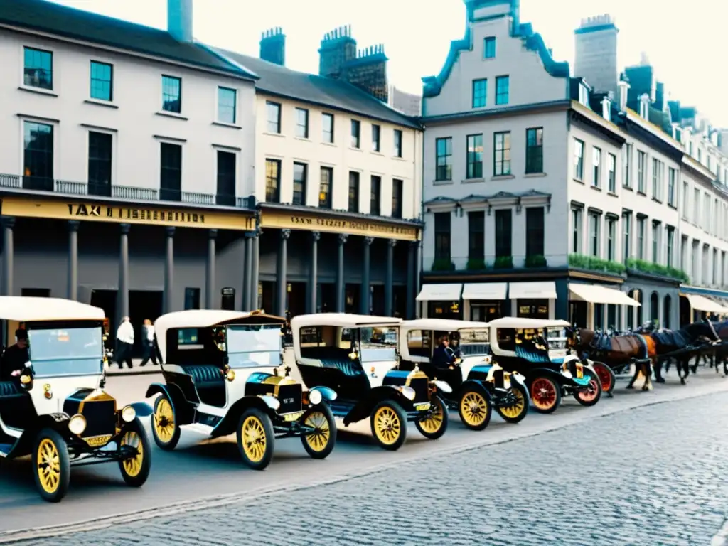 Evolución del taxi como medio de transporte: Fotografía en blanco y negro de taxis de caballos en una calle empedrada, reflejando la transición de los carruajes tradicionales a los servicios modernos de movilidad