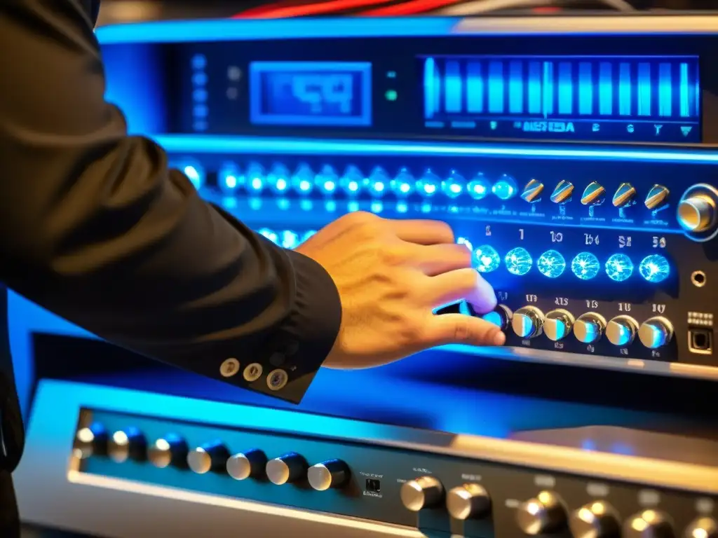 Experto en Audio Ajustando Detalles Un técnico de audio profesional ajusta con precisión los componentes de un sistema de audio de alta fidelidad para coches, mostrando su expertise bajo la suave luz del panel