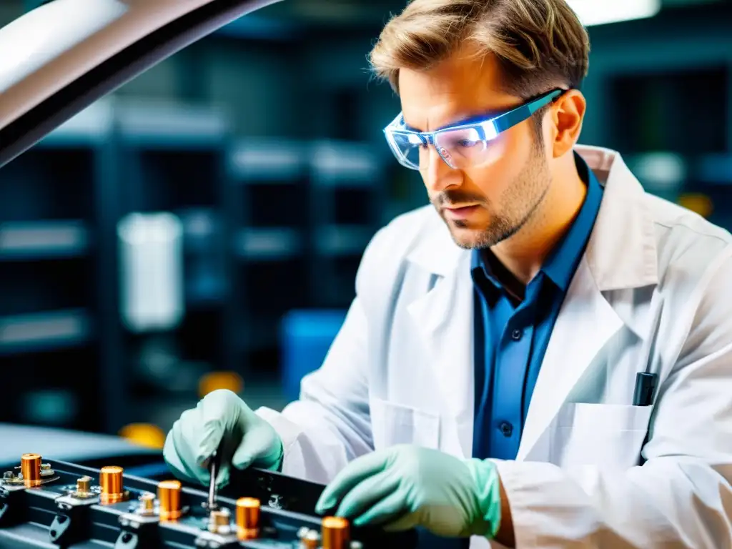 Un técnico en bata blanca y gafas de seguridad inspecciona minuciosamente el paquete de baterías de un vehículo eléctrico, resaltando la atención meticulosa a la seguridad y el mantenimiento