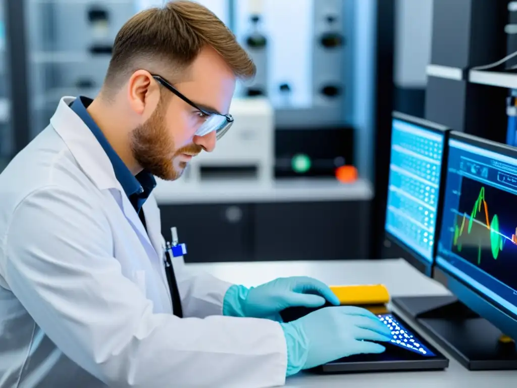 Un técnico inspecciona meticulosamente la batería de un vehículo eléctrico en un laboratorio bien iluminado