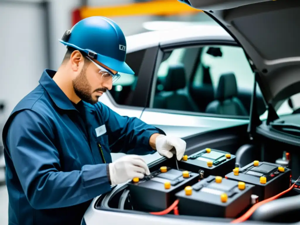 Un técnico inspecciona con precisión las baterías de un vehículo eléctrico, destacando la complejidad de evaluar la vida útil del vehículo eléctrico